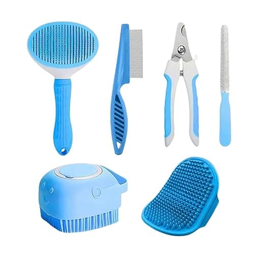 5-in-1 Pet Grooming Tool Combo | Flea Comb, Auto Slicker, Nail Cutter, Shampoo Brush & Palm Glove | All-in-One Grooming Kit for Dogs & Cats | Bathing, Shedding & Nail Trimming (Multicolor)