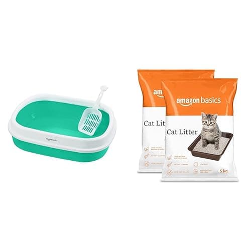 Amazon Basics Cat Litter Box Tray with Free Scooper, Green & Amazon Basics Scoopable White Bentonite Cat Litter | Unscented | 5Kg - Pack of 2