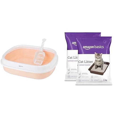Amazon Basics Cat Litter Box Tray with Free Scooper, Pink & Amazon Basics Scoopable Smart White Bentonite Cat Litter | Lavender Fragrance | Scented Cat Litter | 5Kg - Pack of 2