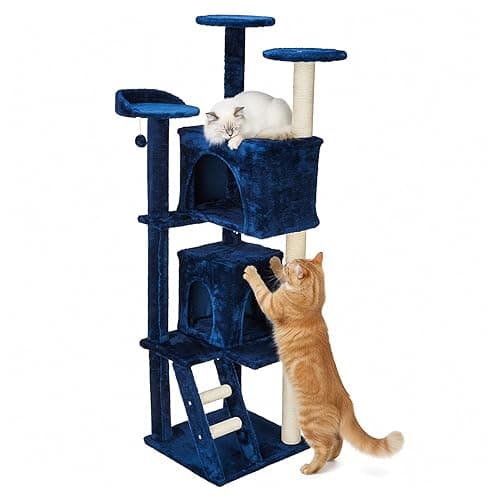 Amazon Basics Cat Tree | 63-Inch | Plush Multi-Level Cat Condo | 9 Scratching Posts | 2 Caves | 1 Pompoms | Blue Color| Sisal Rope | XL