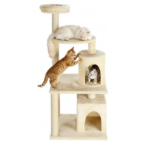 Amazon Basics Condo Activity Cat Tree Top Perch Sctraching Post Furry Hanging Ball Jute Rope, Light Beige with White Rope (L)