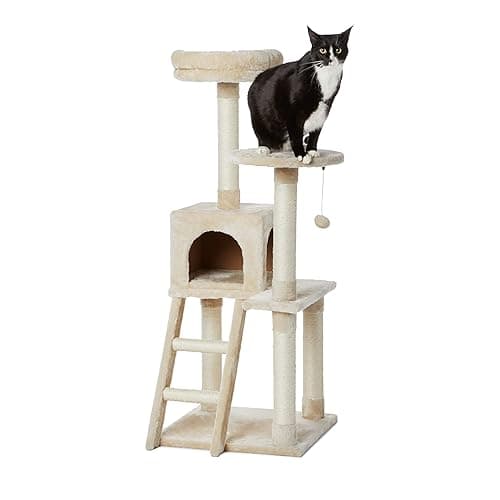 Amazon Basics Multi-Level Cat Tree Indoor Climbing Activity Cat Tower with Scratching Posts | Cave | Step Ladder | 48 x 48 x 132 cm| Beige