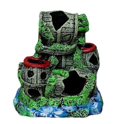 Aquarium Barrel Decoration with Moss, Terracotta Multi-Tier Barrel Structure, 19.05x17.78x10.16cm, Fish Safe Ornament