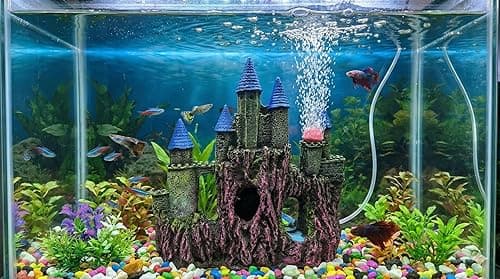 Aquarium Hideout Fantasy Medieval Castle Aquarium Ornament with Air Bubbler Design, Fish Hide Cave Tank Ornament for Betta Fish, Goldfish, Shrimps