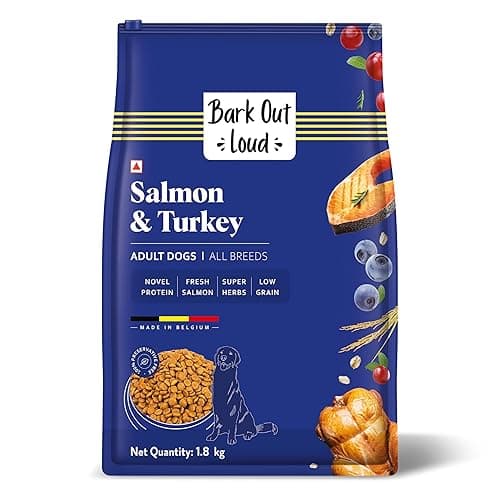 BARK OUT LOUD Dry Dog Food Adult | Fresh Salmon & Turkey, Low Grain, Rich Novel Protein & Prebiotics, Super Herbs for Healthy Skin, Fish Dry Kibbles for Medium/Large Dog, 1.8 kg