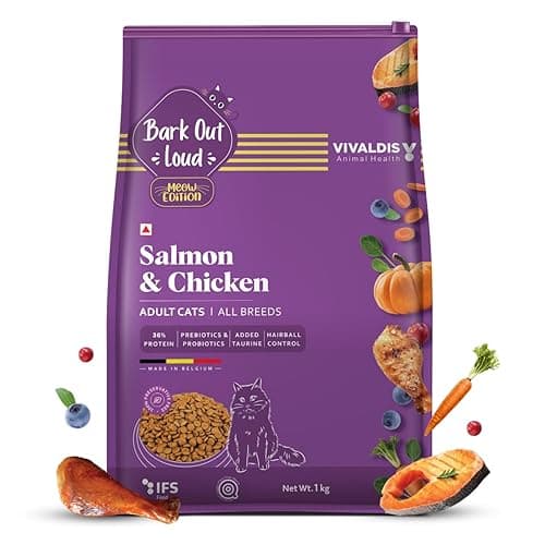 BARK OUT LOUD - Premium Cat Dry Food | Fresh Salmon & Chicken | Hairball Control | Added Taurine |Omega Fatty Acids | Probiotics -No Preservaties - Kibbles for Adult Cat 1kg