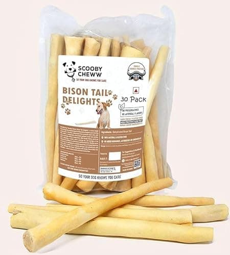 Bison Tail Dog Treat and Dog Food, High Protein, Low Fat, Natural & Rawhide Free Dog chew Stick for Small, Medium and Adult Dogs, 160gm (6 Thick Stick)