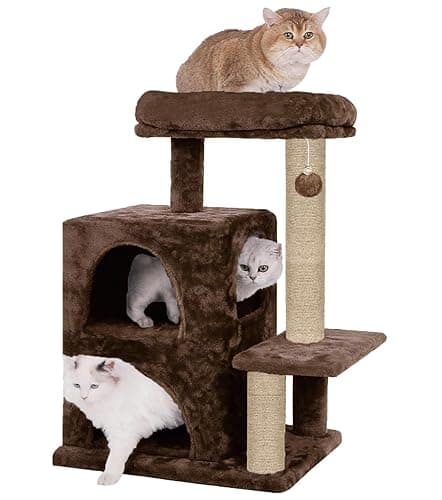 Condo Activity Cat Kitten Tree - Dangling Ball | Fur Fabric | Jute Rope Scratching Post (18 x 16 x 28 Inch) (Brown - FURR-45)