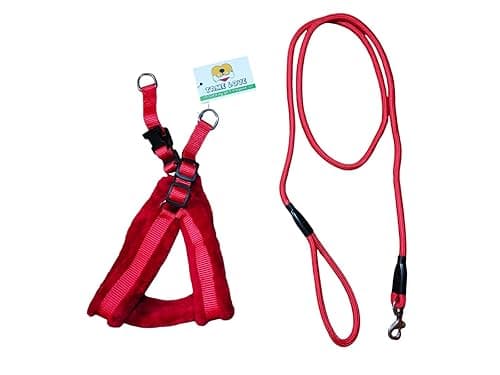Dog Belt Combo of Nylon Fur Padded Dog Harness with Black Dog Lead Specially for Medium Breeds Dog Harness (Red, 0.75)