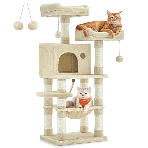 FEANDREA 44-Inch Modern Cat Tree for Indoor Cats, Multi-Level Cat Condo with 5 Scratching Posts, Perch, Cat Furniture, Beige UPCT215M01