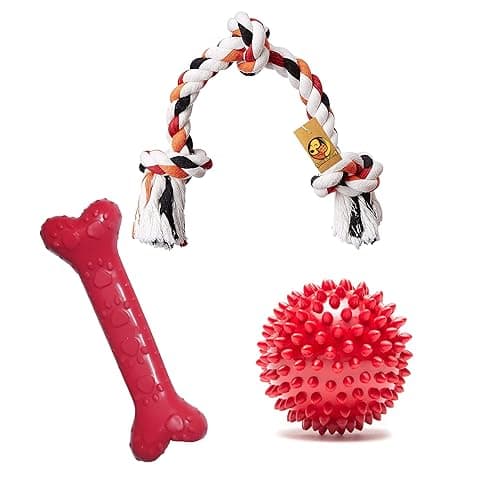 Foodie Puppies 3-in-1 Dog Cotton Rope and Squeaky Chew Toys Combo for Small and Medium Dogs - (3Knot Rope + Paw Bone + Spike Ball) | Dog Chew Toys for Playing, Teething and Training (Color May Vary)
