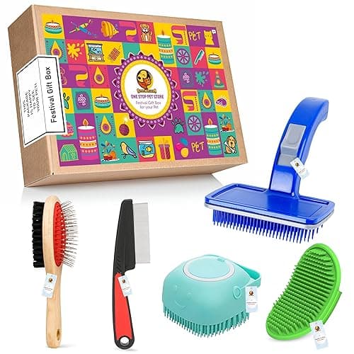 Foodie Puppies 5 in 1 Pet Grooming Festival Gift Box for Dogs & Cats | Combo with Blue Slicker Brush, Flea Comb, Wooden Pin Brush, Silicone Bath Glove & Shampoo Dispenser | All-in-One Grooming Kit