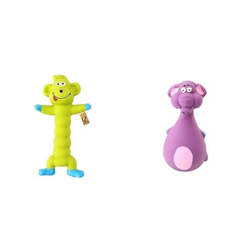 Foodie Puppies Natural Latex Rubber Squeaky (Green Monkey) Dog Toy & Natural Latex Rubber Squeaky (Purple Elephant) Dog Chew Toy (0-10kgs)