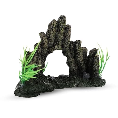 Foodie Puppies Thematic Ornament Resin Aquarium Decor - (Cave with Plant, Small, 13.5 x 9.5 x 7cm) Unique Hideaway Natural Looking Landscape for Fish Tank Accessories, Pond and Turtle House