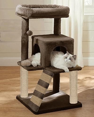 Fur Fabric Cat Kitten Tree | Hanging Toy | Ladder | Jute Rope | Scratching Post (Height 39 Inch) (Brown - FURR - 83)