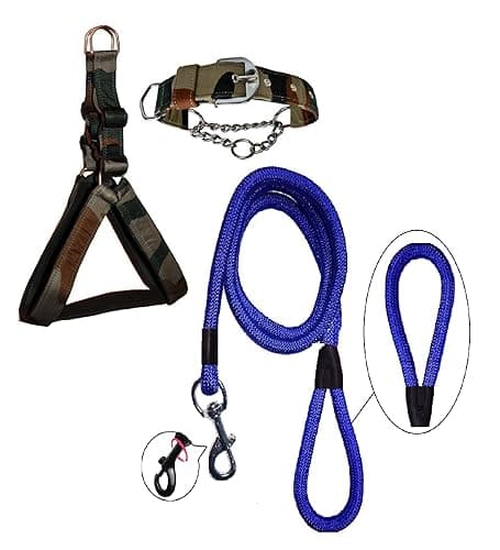 Hachiko:-(Combo of 3) Nylon Padded Adjustable Dog Harness+Choke Collar+Rope(Medium,Army-Blue)