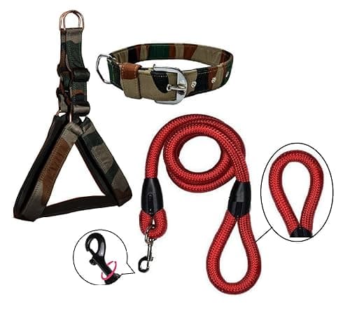 Hachiko:-(Combo of 3) Nylon Padded Adjustable Dog Harness+Collar+Rope(Extra Large,Army-Red)