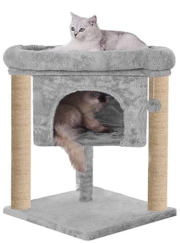 Hiputee Cat Kitten Scratching Post Cat Activity Tree | Plush Fur Fabric | Dangling Ball | Condo & Detachable Bed | Jute Covered Rope | Suitable for Cats (Height 28 Inch) (Grey)