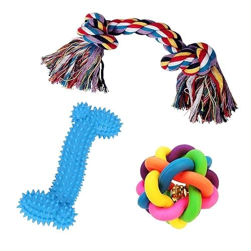 JAINSONS PET PRODUCTS Cotton Dog Toys Set – Small & Medium Bone, Spiky Bone & Multi-Color Ball – Non-Toxic Cotton, Gum Massage, Safe for Chewers