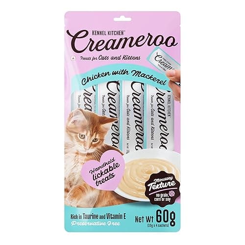 Kennel Kitchen Creameroo Cat Treats, 60g, 4 Pieces | Chicken with Mackerel Flavour | Smooth Creamy Lick-able Wet Food for Cats and Kittens | Handheld | Preservative Free