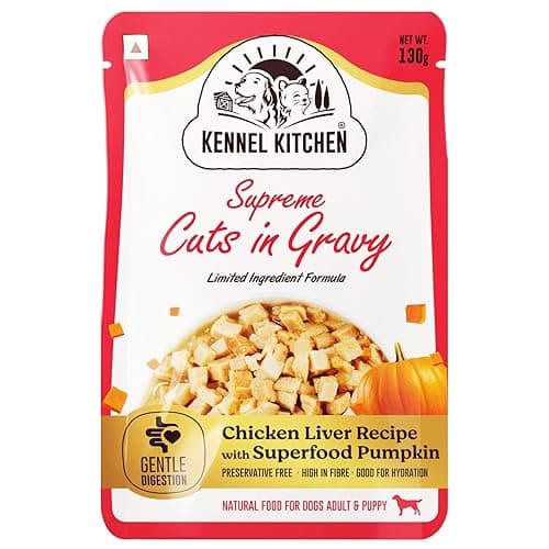 Kennel Kitchen Supreme Cuts in Gravy, Chicken Liver Recipe with Pumpkin, 130g (Pack of 12) | Wet Dog Food Gravy for Adult & Puppy | Limited Ingredient Chunks High in Fibre & Good for Hydration