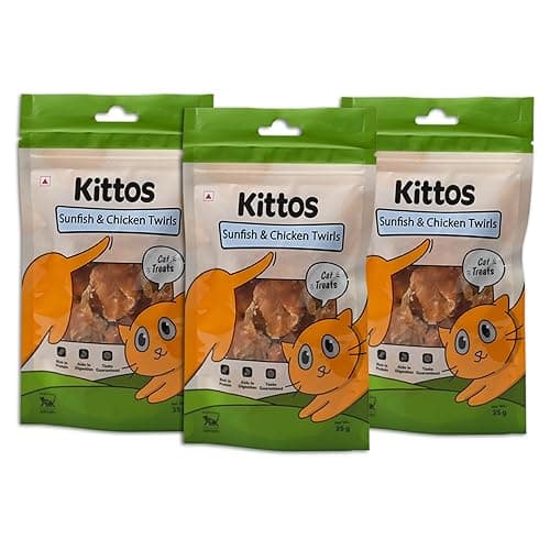 Kittos Sunfish and Chicken Twirls Cat Treats Combo for Cats All Life Stages, High Protein Low Fat Dry Cat Snacks, Easy Digest Natural Training Reward Treats Pack of 3 105g Each