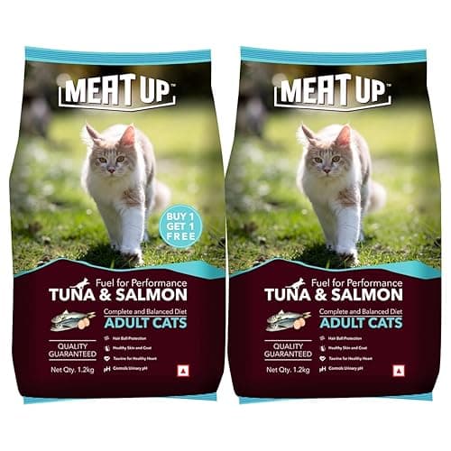 Meat Up Adult Dry Cat Food 1.2Kg + 1.2kg (Free) 2.4Kg | Tuna and Salmon Flavour | Buy 1 Get 1 | Maintains Urinary pH | Hair Ball Protection | Healthy Skin & Coat | Taurine for Healthy Heart