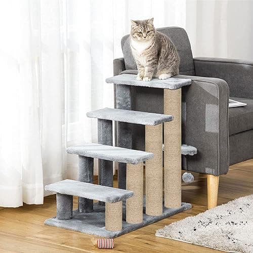 Mellifluous Fur Fabric Climbing Stairs Kitten Cat Tree Steps | Scratching Posts | Jute Rope | Cat Furniture (Grey) (Height 24 Inch)