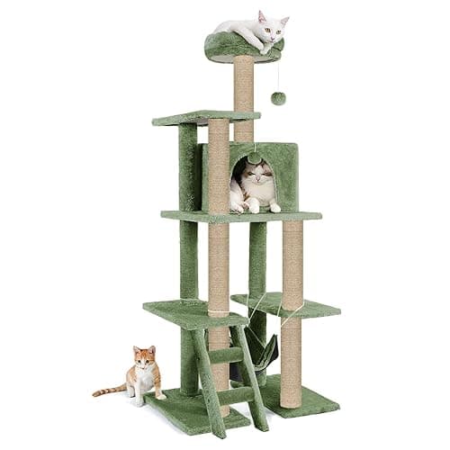 Multi-Storey Fur Fabric Kitten Cat Tree - Stairs | Hammock | Condo | Top Perch | Furry Balls | Scratching Posts (Height 60 Inch) (Green)
