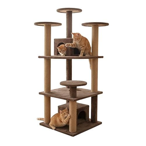 Multilevel Cat Kitten Activity Tree - Fur Fabric, Condo Box, Jute Rope, Multiple Floors, Scratching Posts (Height 54 Inch) (Brown - FURR-53)