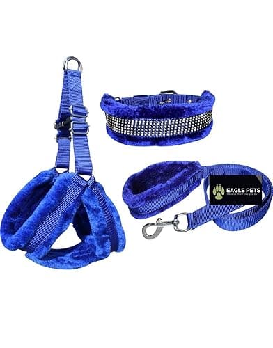 Nylon Fur Dog Harness , Dog Collar & Leash . Adjustable (Large, Blue)