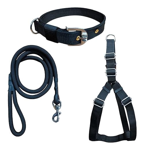 Pck Dog Adjustable Soft Comfortable Nylon Chest Body (Harness, Collar with Black Rob Leash) for Training Walking Breeds Adult German Shephard, Labrador, Retriever