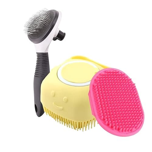 Pets Empire Self-Cleaning Pet Grooming Combo – Pack of 3 | Shedding Brush for Dogs & Cats, Body Scrubber with Shampoo Dispenser & Soothing Bath Brush | Easy to Use & Gentle on Fur