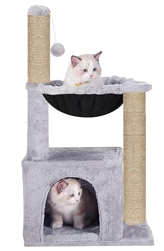 Plush Fabric Activity Kitten Cat Tree - Condo | Hammock | Jute Rope Scratching Posts | Furry Ball | for Small Cats & Kittens (Height 35 Inch) (Grey - FURR-70)