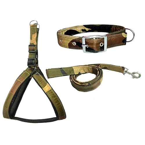 Soft Padded Dog Harness, Collar & Leash Set, Adjustable Size for for 24-35 Kg Pet (Army, Large)