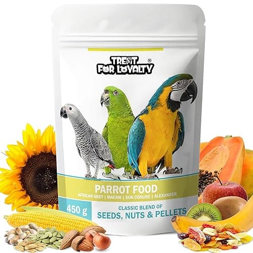TREAT FOR LOYALTY Parrot Food For African Grey Parrot,Sun Conure,Macaw,Lovebird & Alexander|Seeds,Nuts & Fruit Pellets Mix|Premium Seed Blend - 450G,All Life Stages