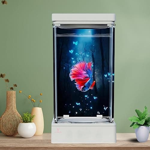 VAYINATO® Transparent Narrow Acyrlic Betta Fish Tank (White) with Multi Color Changing USB LED Light | Easy to Clean and Maintain | Mini Portable Fish Tank (1 Liter Capacity)
