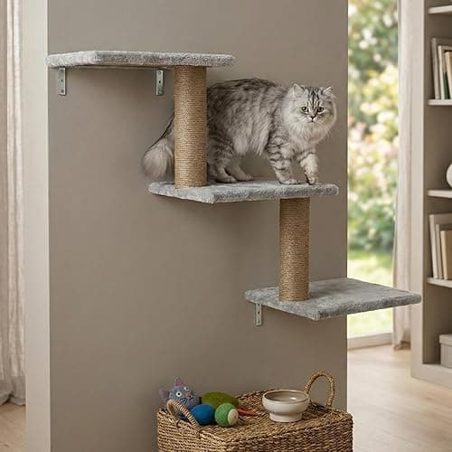 Wall-Mounted Cat Climber, Multi-Level Cat Tree with Jute Scratching Posts, Grey Plush Platforms, Space-Saving Corner Design (30X35X14 INCH) FURR-158 (Grey)