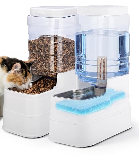 2 Pack Automatic Cat Feeder and Water Dispenser 1.3Gallon Dog Gravity Food Feeder and Water with Ice Pack Stainless Steel Dry Food and Waterer Bowl for Small Medium Large Pets (White)