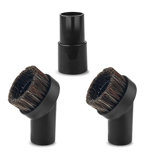 3pcs Horse Hair Brush Vacuum Attachments, 1.25'' Black Round Dust Brush Replacement with 1-1/4'' to 1-3/8'' Hose Adapter Tool for Hard-to-Reach Areas, Most Vacuum Cleaners Accessories