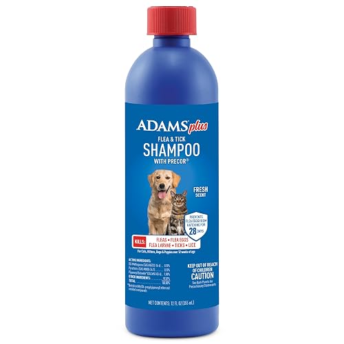 ADAMS Plus Flea & Tick Shampoo with Precor for Dogs, Cats, Puppies & Kittens, Flea Shampoo to Treat Flea Infestations, Kills Ticks, Fleas, Flea Eggs & Lice, Cleans and Conditions Coat, 12 Ounces