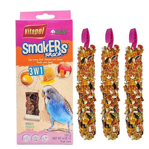 A&E Cage Company - Smakers Treat Stick for Parakeets, 3-in-1 Mix Pack (Egg, Honey, Fruit), 3 Pack, Nutritious & Long-Lasting Bird Treat