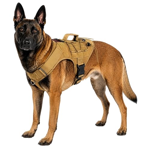 Albcorp Tactical Dog Harness - Heavy Duty, No-Pull Training Vest for Large Breeds, Military Service Dog Vest with Front Leash Clip, Hook & Loop Panels, Padded Handle – Coyote Brown, Large