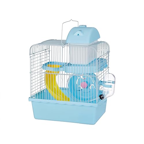Amazon Basics Hamster, Gerbil, Guinea Pig Cage and Playhouse | Blue | Spacious Plastic Cage for Small Pets | 2 Level | Double Story with Slide, Exercise Wheel and Feeding Bottle | LxWxH-27x 17x 31 Cm