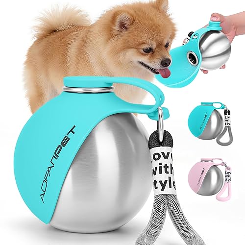 AOFANPET Portable Dog Water Bottle 10oz Stainless Steel Travel Dog Water Dispenser with Bowl No-Spill Puppy Water Bottle for Walking Hiking Small Dog Water Bottle