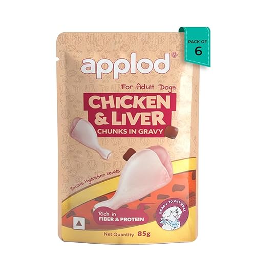 Applod Chicken & Liver Chunks in Gravy Adult Wet Dog Food β High Protein, Hydrating & Easy-to-Digest Meal for Strong Muscles & Vitality, 85g Pouch Pack of 6