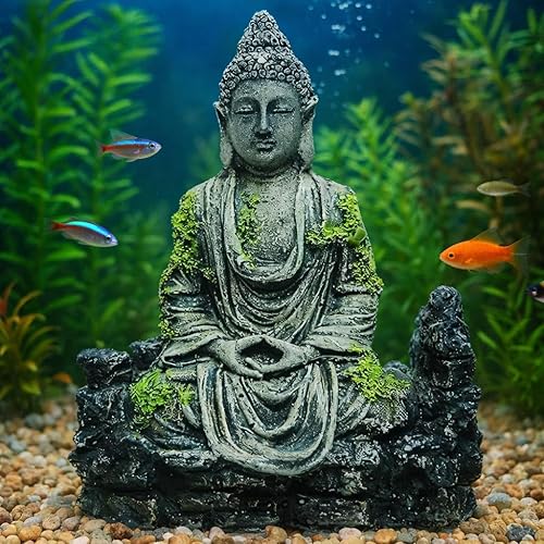 Aquarium Ancient Buddha Statue Decor Underwater Landscape for Fish Tank Decorations Ornaments Accessories (Grey & Green)