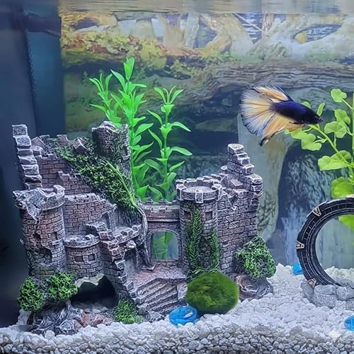 Aquarium Castle Ruins Decoration, Ancient Stone Tower with Moss and Archway, Fish Tank Ornament, 17x13x7 cm