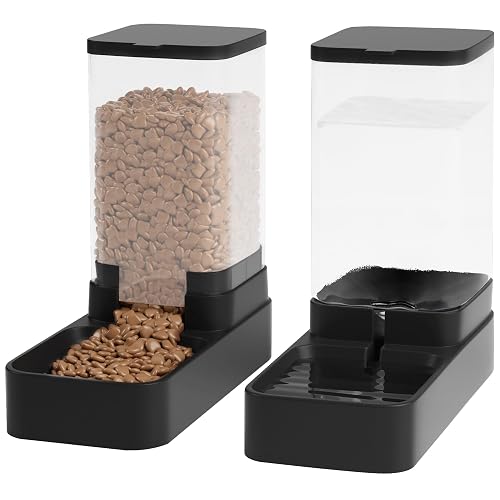 Automatic Cat Feeder and Water Dispenser in Set with Pet Food Bowl,Gravity Dog Waterer and Food Feeder for Small Medium Dog Cat Puppy Kitten Large Capacity(3.8L,Black)