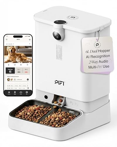Automatic Cat Feeder with Camera, 6L Dual Hopper Cat Food Dispenser, Smart Automatic Dog Feeder, 5G 2.4G WiFi App Control, 1080P Dual HD Video, Night Vision, 2-Way Audio, Multi Cat Feeder